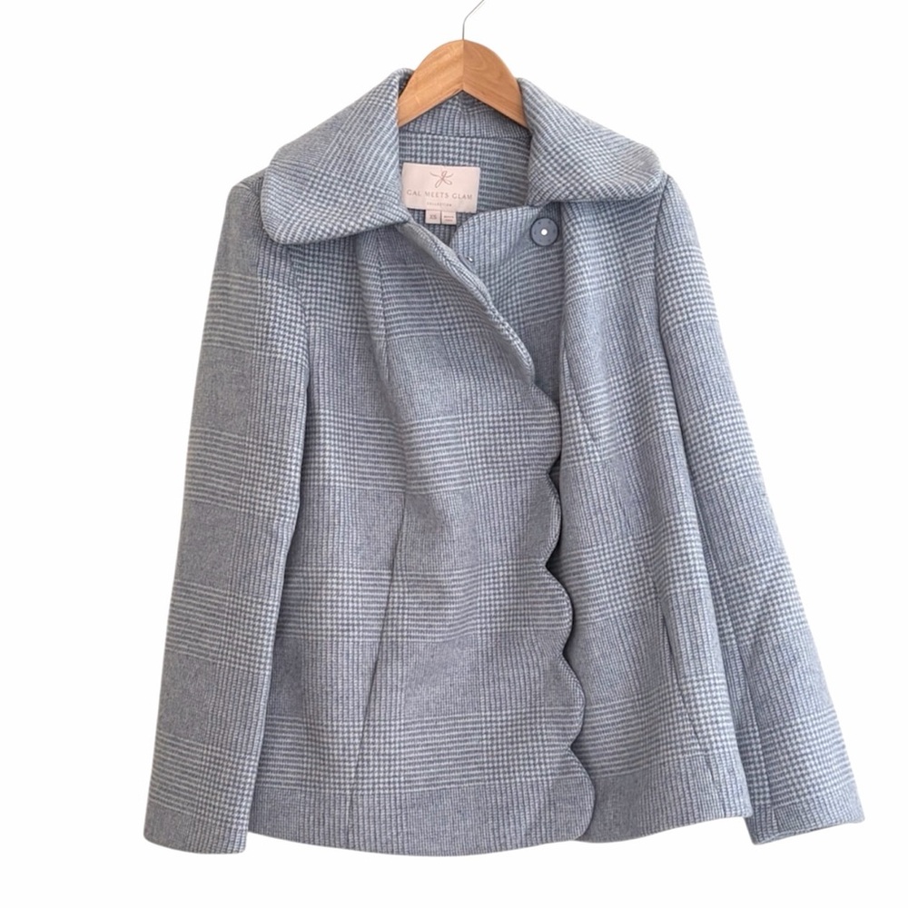 Gal Meets Glam Slate Blue Plaid Scalloped Coat Extra Small XS - Picture 2 of 3